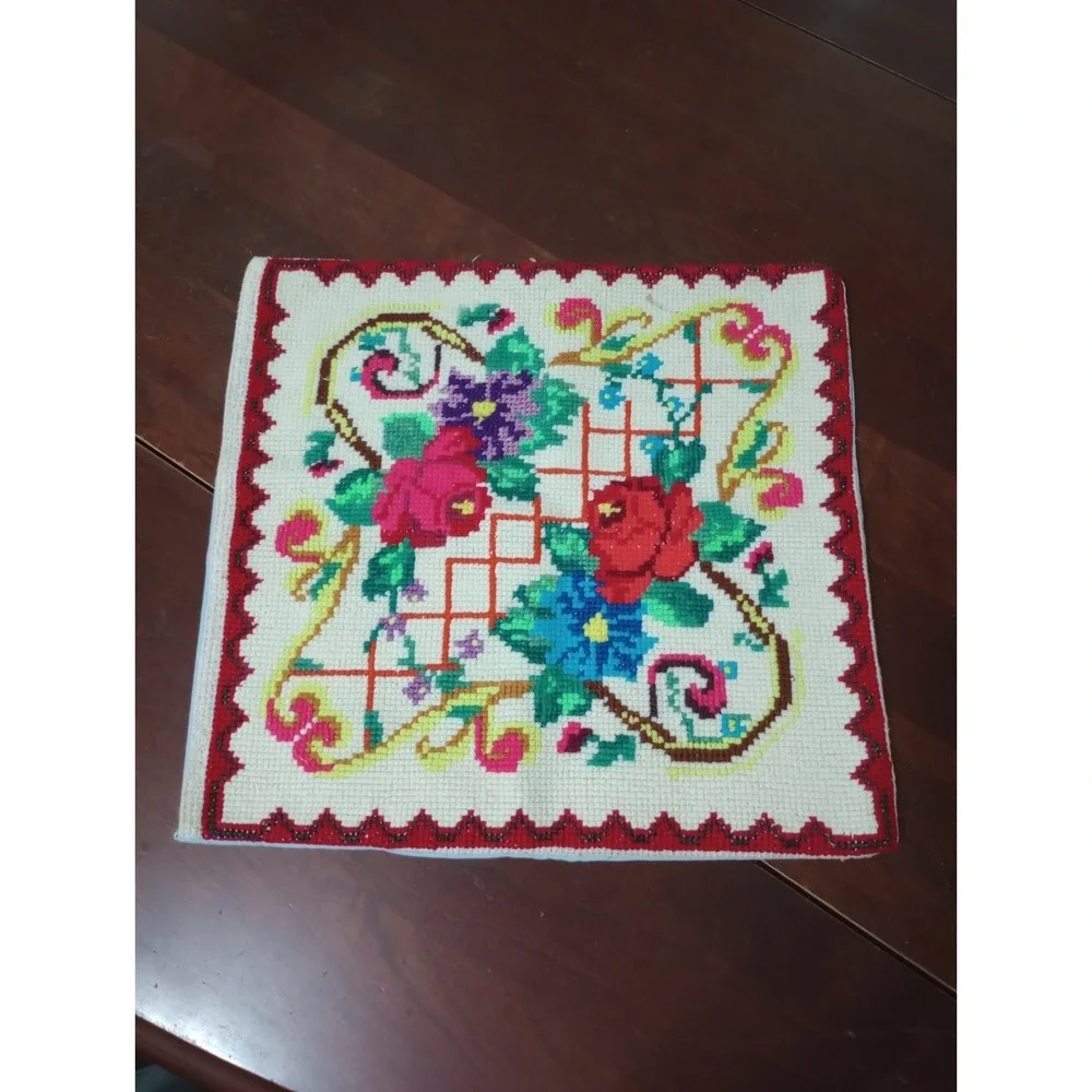 Vintage Handmade Needlepoint Throw Pillow Cover 12